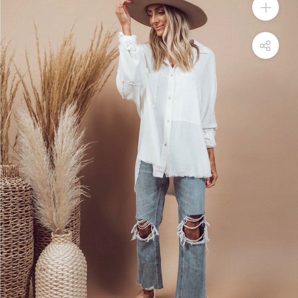 Shop Stevie Oversized White Button Down with Distressing! Size L, White